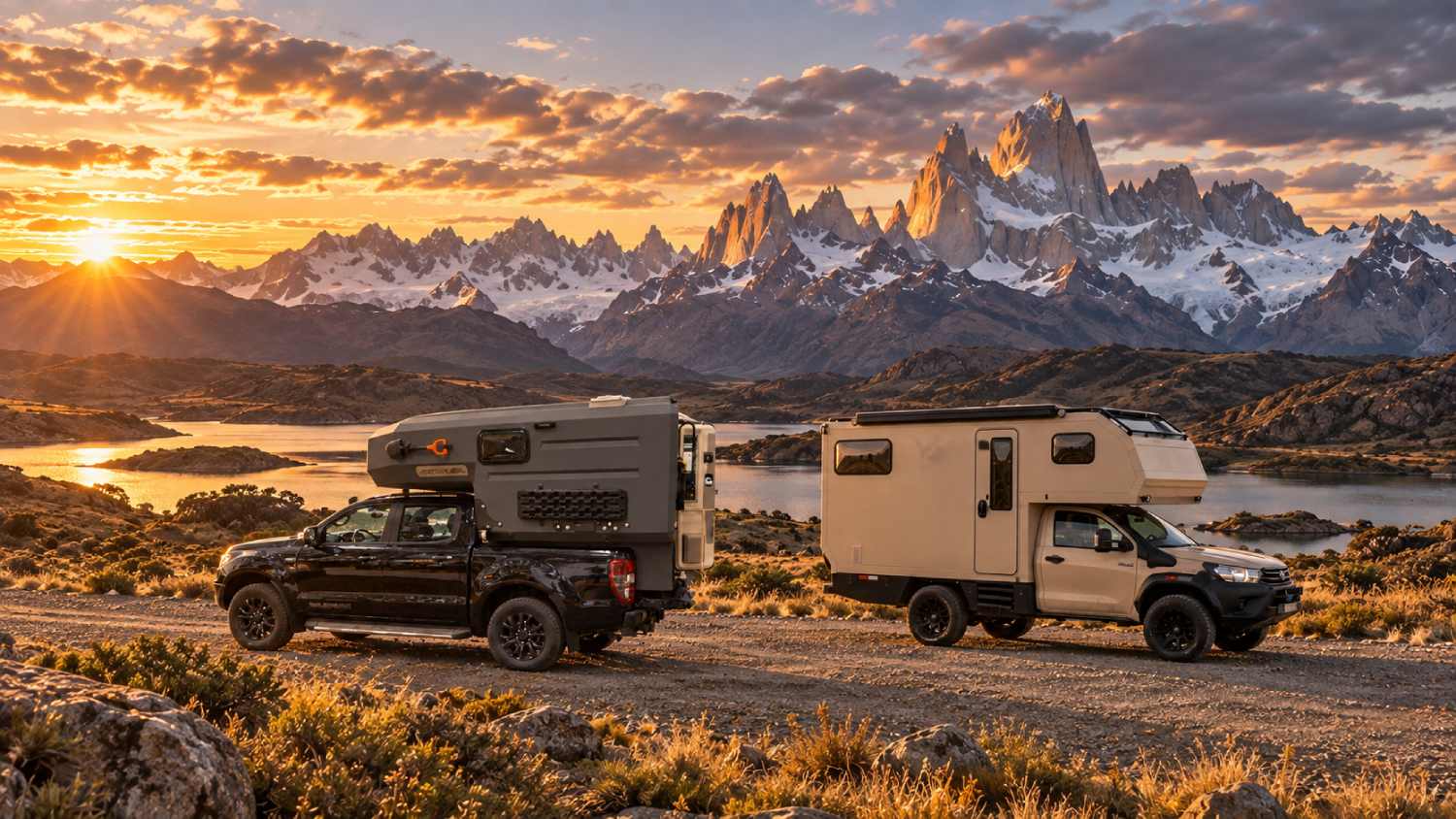 Expedition Camper e motorhome Sem Fronteiras na Patagônia ao pôr do sol
